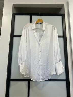 Zara White Satin Shirt with Classic Collar